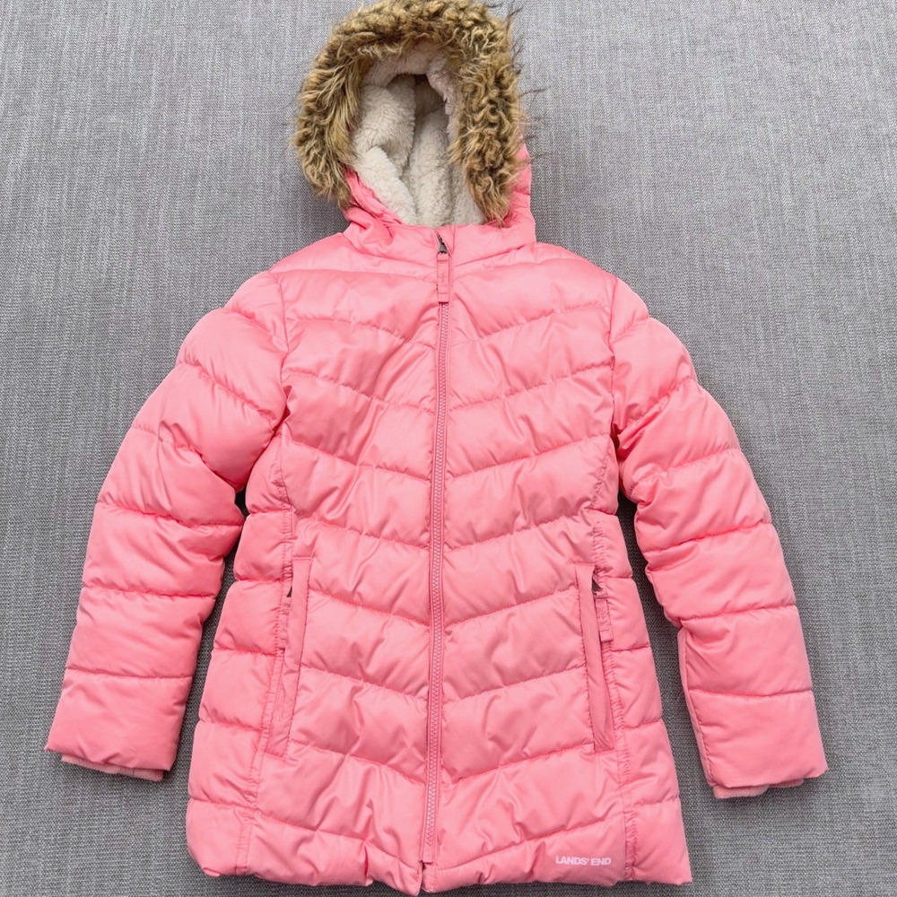 Lands End Girls Pink Puffer Jacket Faux Fur Hood Fleece Lined Size S 7-8 Coat